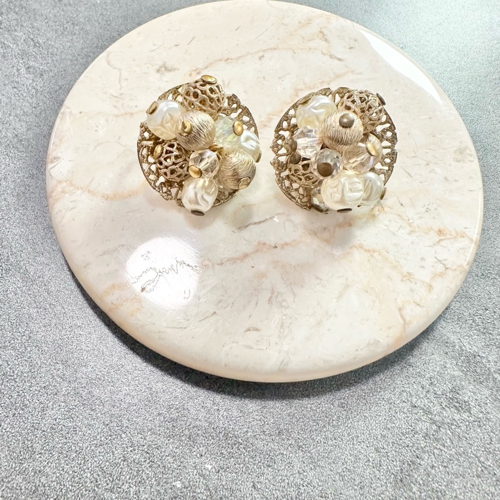 Vintage Marino Gold Tone Filigree Beaded Cluster Clip-on Earrings